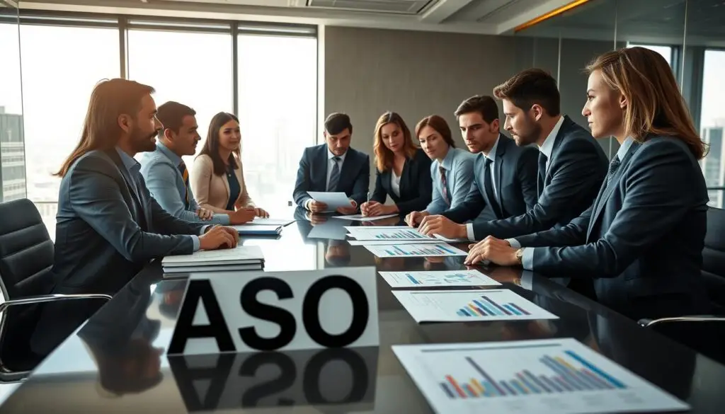 A professional business meeting scene in a modern office, focusing on a sleek conference table with documents showcasing ASO (Additional Services and Operations) rates laid out, detailed graphs, and charts. In the foreground, a diverse group of professionals in smart business attire engages in discussion, analyzing the materials intently. The middle ground features a large window with natural light streaming in, illuminating the space, while the background shows a city skyline, creating a productive and dynamic atmosphere. Soft, diffused lighting highlights the seriousness of the meeting, with the lens focusing on the expressions of the participants as they collaborate on strategic decisions, capturing the practical aspects of determining ASO rates. A professional business meeting scene in a modern office, focusing on a sleek conference table with documents showcasing ASO (Additional Services and Operations) rates laid out, detailed graphs, and charts. In the foreground, a diverse group of professionals in smart business attire engages in discussion, analyzing the materials intently. The middle ground features a large window with natural light streaming in, illuminating the space, while the background shows a city skyline, creating a productive and dynamic atmosphere. Soft, diffused lighting highlights the seriousness of the meeting, with the lens focusing on the expressions of the participants as they collaborate on strategic decisions, capturing the practical aspects of determining ASO rates.