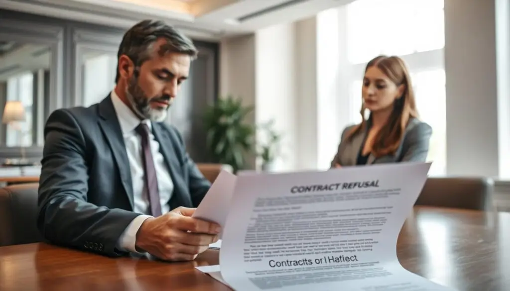 A professional interior scene depicting a negotiation table with two business professionals discussing a contract. In the foreground, a focused male consultant in a tailored suit, reviewing documents with a serious expression, and a female client in smart business attire, looking engaged and contemplating her options. The middle ground showcases a detailed contract document titled "Contract Refusal - Lowest Variant," partially visible, emphasizing the significance of careful decision-making. The background features an elegant office setting with soft, natural lighting filtering through large windows, creating a warm atmosphere. The composition captures a moment of tension balanced with professionalism, highlighted by the use of a shallow depth of field, ensuring the main subjects are crisp and the environment subtly blurred.