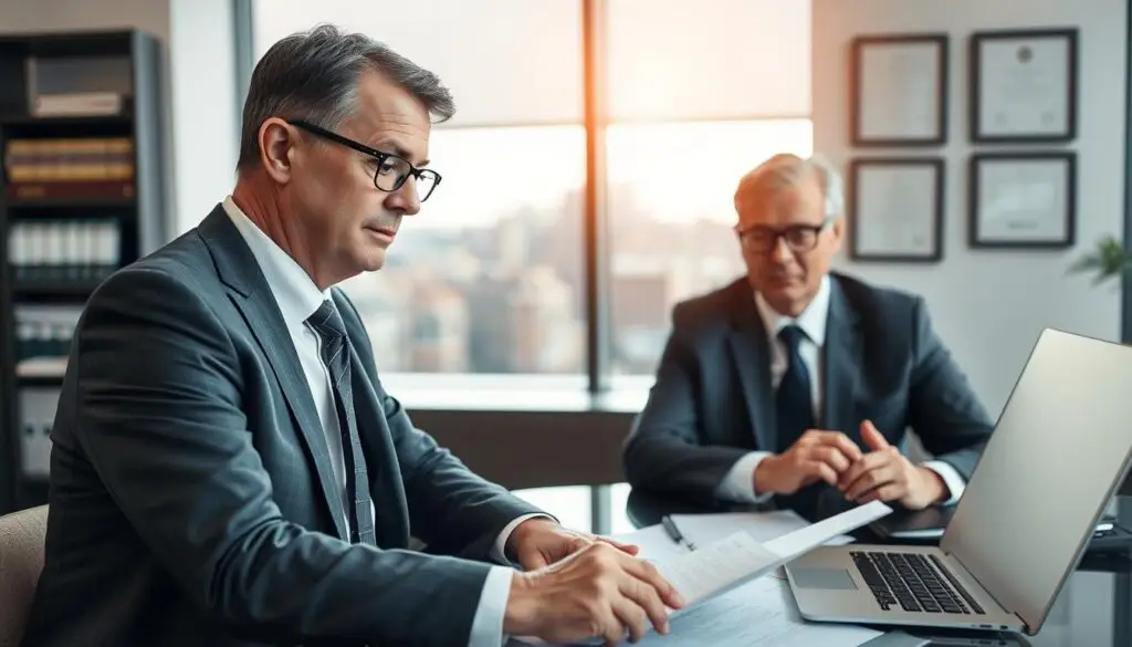 A professional lawyer in a modern office, reviewing a car accident case file at a sleek desk cluttered with legal documents and a laptop. In the foreground, the lawyer, a middle-aged man in a formal suit, appears focused and thoughtful, with glasses perched on his nose, highlighting his dedication. In the middle, a large window reveals a blurred cityscape, indicating a bustling urban environment, while soft afternoon light filters through, creating a warm and inviting atmosphere. The background features law books and framed legal certificates, reinforcing the setting of a knowledgeable and capable legal professional. The overall mood conveys seriousness and responsibility, emphasizing the lawyer's role in navigating the complexities of road accident liability.