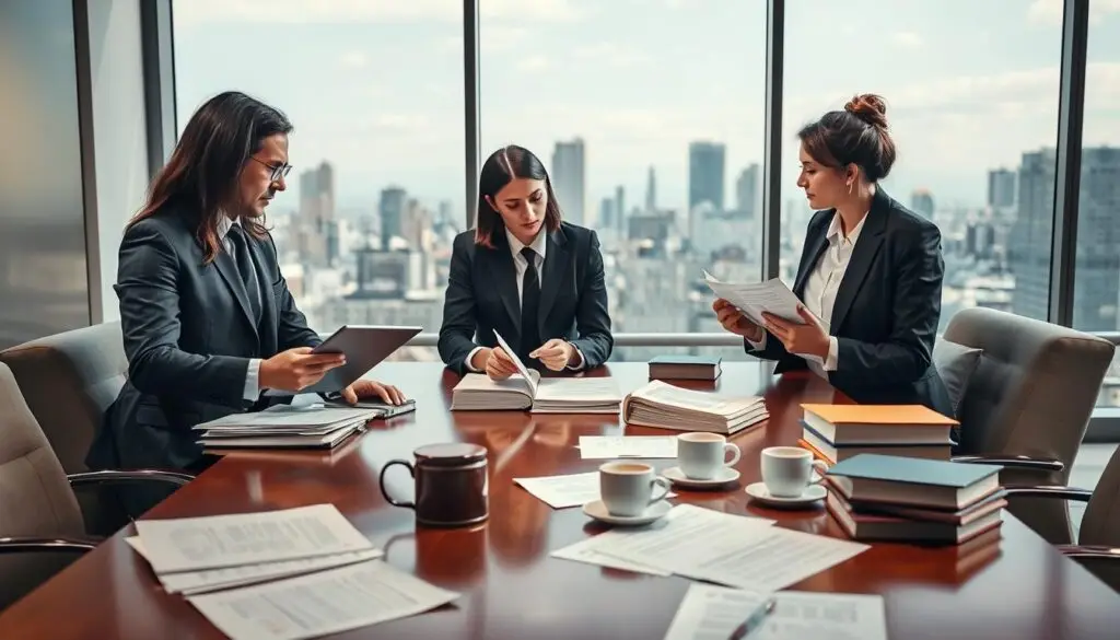 A professional legal setting illustrating "analiza prawna". In the foreground, a diverse group of three attorneys in business attire, intensely discussing legal documents and case files. One is holding a tablet displaying legal databases, while another points to a stack of law books. In the middle, a polished wooden conference table with scattered papers and coffee cups, symbolizing rigorous debate. The background features a large window showing a city skyline, softly illuminated by natural light, casting a warm glow across the scene. The atmosphere is serious yet collaborative, emphasizing the weight of legal analysis and the importance of jurisprudence. A focus on clarity and professionalism, with no distractions or text elements present. A professional legal setting illustrating "analiza prawna". In the foreground, a diverse group of three attorneys in business attire, intensely discussing legal documents and case files. One is holding a tablet displaying legal databases, while another points to a stack of law books. In the middle, a polished wooden conference table with scattered papers and coffee cups, symbolizing rigorous debate. The background features a large window showing a city skyline, softly illuminated by natural light, casting a warm glow across the scene. The atmosphere is serious yet collaborative, emphasizing the weight of legal analysis and the importance of jurisprudence. A focus on clarity and professionalism, with no distractions or text elements present.