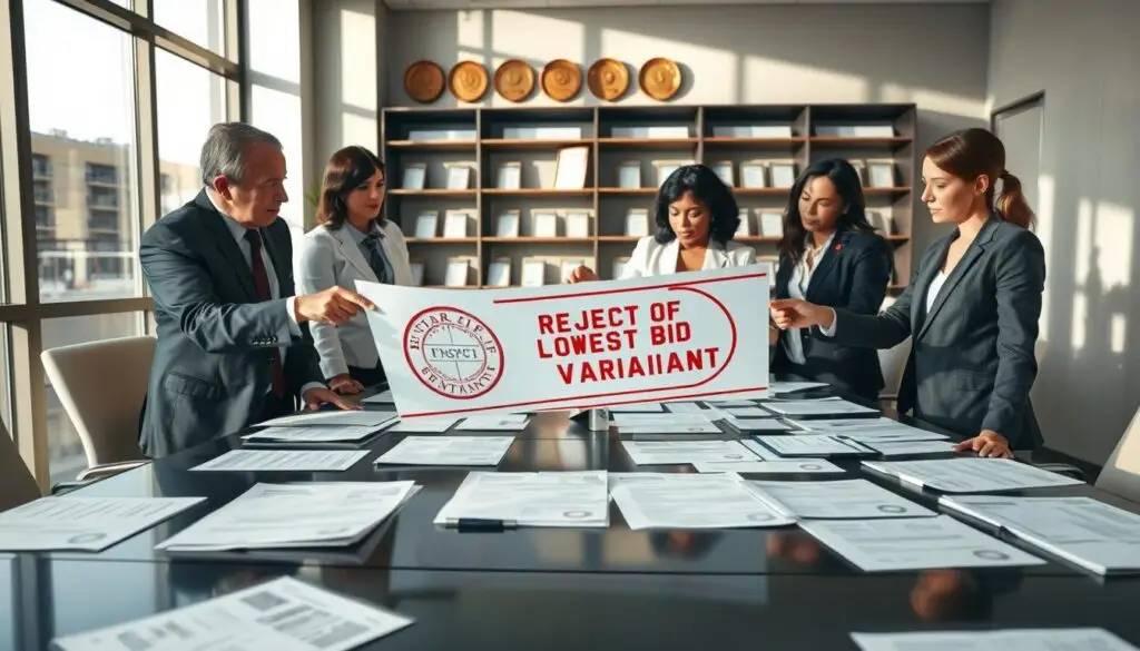 A professional, modern office setting with a large conference table in the foreground, surrounded by various documents and reports detailing repair estimates. In the center, a group of four diverse professionals dressed in smart business attire are engaged in a serious discussion, some pointing at a particular report marked with an official stamp bearing "Rejection of Lowest Bid Variant." The mood is focused and intense, conveying the importance of accurate valuations. Natural lighting filters in through large windows, casting soft shadows on the walls, enhancing the feeling of transparency and professionalism. In the background, shelves lined with certification awards and industry standards emphasize credibility and expertise in the field of repair assessments.