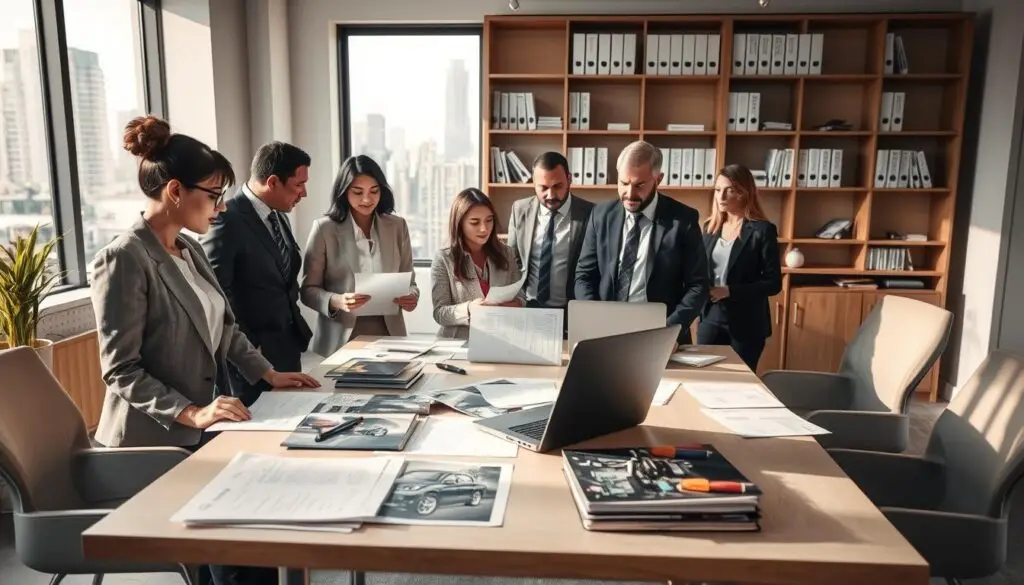 A professional office environment showcasing a structured process for claim resolution after vehicle damage. In the foreground, a diverse team of professionals in business attire, including a woman reviewing documents and a man discussing with colleagues, all appearing focused and engaged. The middle ground features a large table covered with paperwork, a laptop, and a vehicle repair manual, indicating thorough examination of claims. In the background, shelves lined with reference books and a window displaying a busy cityscape, hinting at a vibrant atmosphere. Soft, natural lighting suffuses the room, casting gentle shadows, while a slight tilt towards the table creates an inviting and dynamic angle, portraying a serious yet collaborative mood focused on achieving resolutions. A professional office environment showcasing a structured process for claim resolution after vehicle damage. In the foreground, a diverse team of professionals in business attire, including a woman reviewing documents and a man discussing with colleagues, all appearing focused and engaged. The middle ground features a large table covered with paperwork, a laptop, and a vehicle repair manual, indicating thorough examination of claims. In the background, shelves lined with reference books and a window displaying a busy cityscape, hinting at a vibrant atmosphere. Soft, natural lighting suffuses the room, casting gentle shadows, while a slight tilt towards the table creates an inviting and dynamic angle, portraying a serious yet collaborative mood focused on achieving resolutions.
