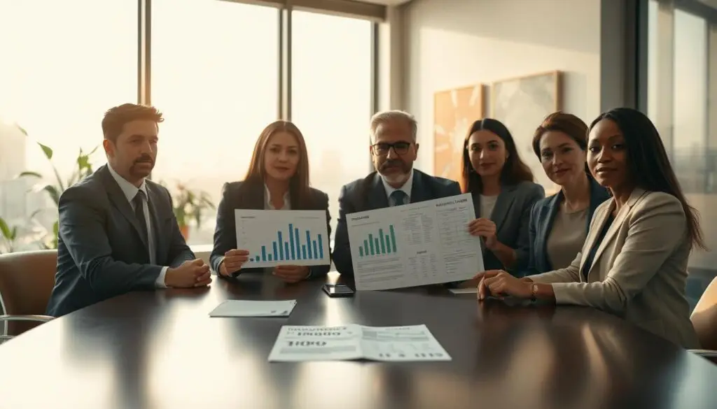 A professional office setting, showcasing a sleek conference table in the foreground with a diverse group of individuals discussing insurance claims. One person gestures confidently while pointing at a financial document filled with graphs and figures, emphasizing the concept of compensation for damages. In the middle ground, a large window reveals a cityscape bathed in soft, diffused sunlight, creating a sense of hope and resolution. The background features modern office decor, including a potted plant and abstract art on the wall, symbolizing professionalism and growth. The mood is serious yet optimistic, with warm lighting enhancing the focus on collaboration and resolution. The image should depict the individuals in professional business attire, ensuring a formal atmosphere. A professional office setting, showcasing a sleek conference table in the foreground with a diverse group of individuals discussing insurance claims. One person gestures confidently while pointing at a financial document filled with graphs and figures, emphasizing the concept of compensation for damages. In the middle ground, a large window reveals a cityscape bathed in soft, diffused sunlight, creating a sense of hope and resolution. The background features modern office decor, including a potted plant and abstract art on the wall, symbolizing professionalism and growth. The mood is serious yet optimistic, with warm lighting enhancing the focus on collaboration and resolution. The image should depict the individuals in professional business attire, ensuring a formal atmosphere.