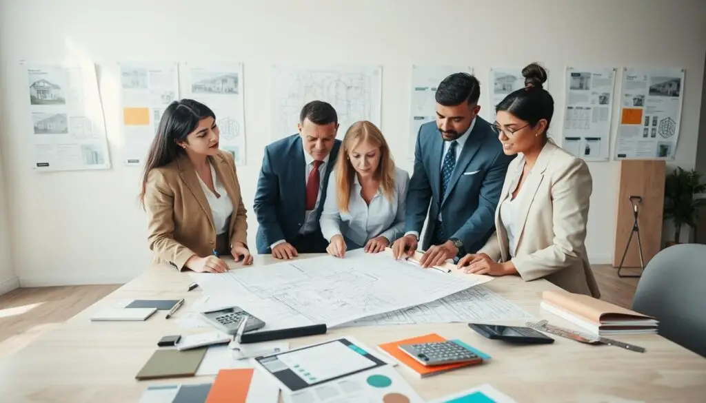 A professional setting depicting a detailed cost estimation for property repair. In the foreground, a diverse team of professionals in business attire examines a detailed blueprint spread out on a table, collaborating intently. The middle ground shows a clipboard with calculations, a calculator, and various repair materials like tiles and paint samples. In the background, a well-lit office space adorned with construction posters and plans on a wall, suggesting an environment of careful planning and precision. Soft, natural lighting streams through a large window, highlighting the focus and determination on their faces. The overall mood is serious yet collaborative, capturing the essence of meticulous financial planning for property repairs. A professional setting depicting a detailed cost estimation for property repair. In the foreground, a diverse team of professionals in business attire examines a detailed blueprint spread out on a table, collaborating intently. The middle ground shows a clipboard with calculations, a calculator, and various repair materials like tiles and paint samples. In the background, a well-lit office space adorned with construction posters and plans on a wall, suggesting an environment of careful planning and precision. Soft, natural lighting streams through a large window, highlighting the focus and determination on their faces. The overall mood is serious yet collaborative, capturing the essence of meticulous financial planning for property repairs.