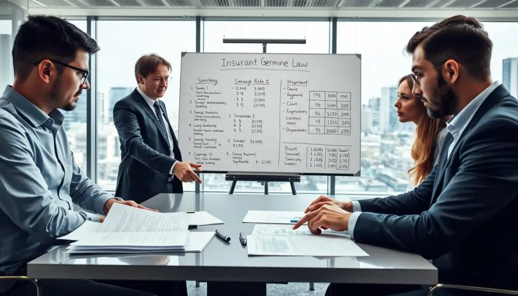 A professional setting illustrating the interpretation of German law, featuring a modern office environment. In the foreground, a diverse group of three professionals in business attire—two men and one woman—are engaged in a discussion, pointing at legal documents and graphs on a table. In the middle ground, a large whiteboard displays complex legal concepts and insurance rates, symbolizing the analysis and interpretation of damage assessments in Germany. The background showcases large windows with a cityscape, bathed in natural light, creating a bright and encouraging atmosphere. The image captures a serious yet collaborative mood, emphasizing the importance of accurate evaluations in insurance contexts, with a focus on clarity and professionalism. A professional setting illustrating the interpretation of German law, featuring a modern office environment. In the foreground, a diverse group of three professionals in business attire—two men and one woman—are engaged in a discussion, pointing at legal documents and graphs on a table. In the middle ground, a large whiteboard displays complex legal concepts and insurance rates, symbolizing the analysis and interpretation of damage assessments in Germany. The background showcases large windows with a cityscape, bathed in natural light, creating a bright and encouraging atmosphere. The image captures a serious yet collaborative mood, emphasizing the importance of accurate evaluations in insurance contexts, with a focus on clarity and professionalism.
