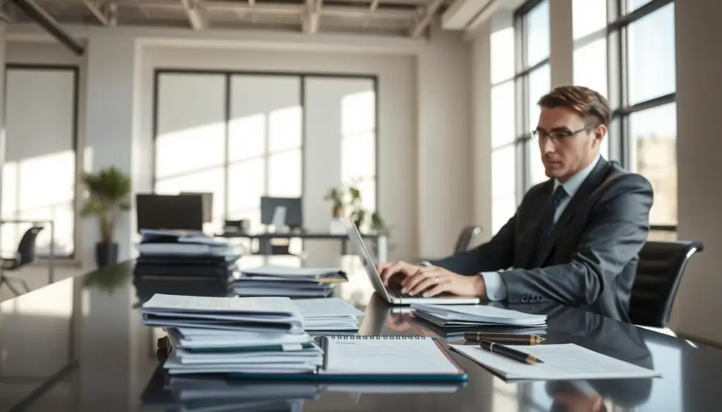 A well-organized claims filing process in a modern office setting. In the foreground, a professional individual in business attire is seated at a sleek desk, reviewing paperwork and typing on a laptop. Their expression reflects focus and determination. In the middle, neatly arranged files and a notepad with notes about claims fill the workspace, indicating the importance of meticulousness in the process. To the background, a bright, well-lit office space is visible, with large windows letting in natural light, creating a positive and productive atmosphere. Soft shadows are cast on the walls, enhancing depth while maintaining a clean, professional look. The mood is one of diligence and professionalism, suitable for conveying the seriousness of the claims reporting process. A well-organized claims filing process in a modern office setting. In the foreground, a professional individual in business attire is seated at a sleek desk, reviewing paperwork and typing on a laptop. Their expression reflects focus and determination. In the middle, neatly arranged files and a notepad with notes about claims fill the workspace, indicating the importance of meticulousness in the process. To the background, a bright, well-lit office space is visible, with large windows letting in natural light, creating a positive and productive atmosphere. Soft shadows are cast on the walls, enhancing depth while maintaining a clean, professional look. The mood is one of diligence and professionalism, suitable for conveying the seriousness of the claims reporting process.