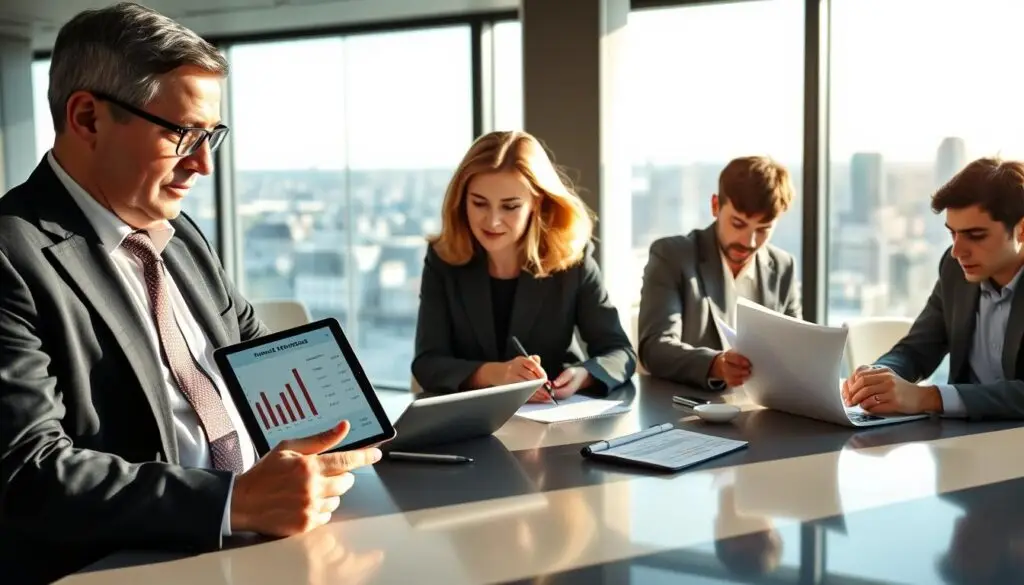 An office setting in Germany, featuring a diverse group of three professionals discussing financial reports at a sleek conference table. In the foreground, the focus is on a middle-aged man wearing glasses in a tailored suit, pointing to a digital tablet displaying statistical data on rates. The middle ground shows a middle-aged woman in a smart blazer, taking notes, and a young professional in business casual attire leaning forward attentively. The background includes a large window with a view of a modern cityscape under soft, natural daylight. The atmosphere is collaborative and serious, reflecting the importance of financial discussions, with soft shadows and warm lighting to create an engaging ambiance. An office setting in Germany, featuring a diverse group of three professionals discussing financial reports at a sleek conference table. In the foreground, the focus is on a middle-aged man wearing glasses in a tailored suit, pointing to a digital tablet displaying statistical data on rates. The middle ground shows a middle-aged woman in a smart blazer, taking notes, and a young professional in business casual attire leaning forward attentively. The background includes a large window with a view of a modern cityscape under soft, natural daylight. The atmosphere is collaborative and serious, reflecting the importance of financial discussions, with soft shadows and warm lighting to create an engaging ambiance.