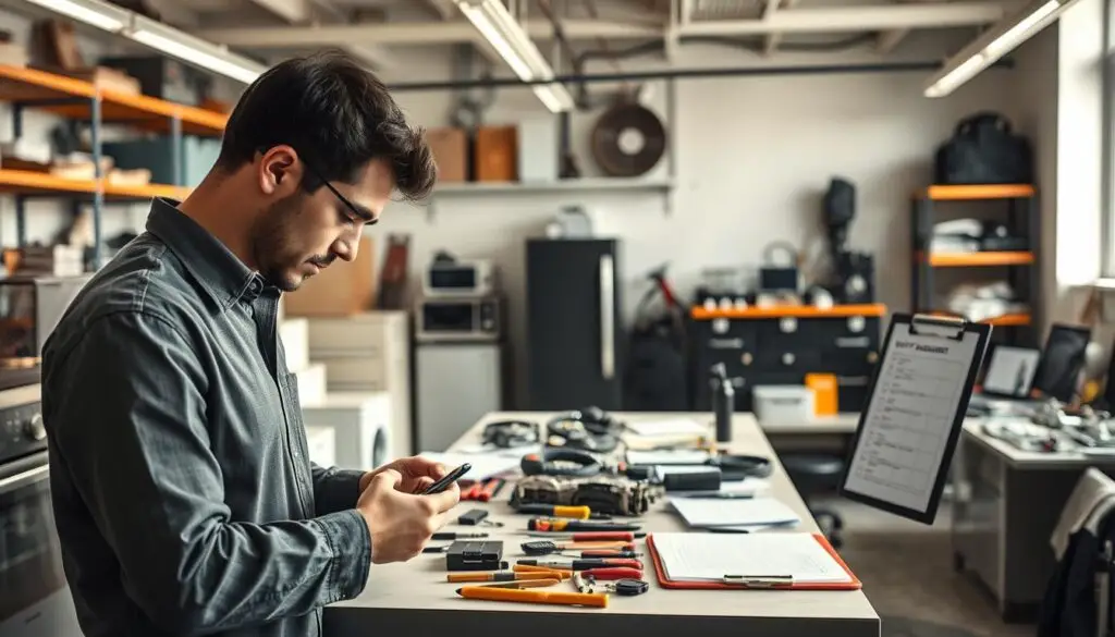 In a professional repair service setting, depict a clean, well-lit workshop with expert technicians engaged in quality assurance work on various devices like appliances and electronics. In the foreground, show a technician in business attire carefully examining a repaired electronic device, showcasing attention to detail. In the middle, include a workbench filled with tools, manuals, and parts scattered neatly, indicating a busy yet organized environment. In the background, feature a quality checklist on a clipboard, along with shelves stocked with tools and equipment, suggesting reliability. The atmosphere should radiate professionalism and trust, with soft, natural lighting to enhance the welcoming feel of the space. Aim for a clear focus, using a slightly angled perspective to create depth in the scene.