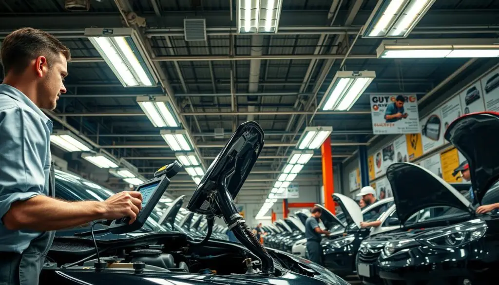 A bustling automotive repair shop filled with mechanics inspecting and repairing vehicles under bright, well-placed fluorescent lights. In the foreground, a mechanic in professional attire is using diagnostic equipment on a car engine, showcasing quality assurance processes. In the middle ground, other technicians work methodically on various cars, highlighting organized workspaces with tools and parts neatly arranged. The background features workshop posters illustrating key quality standards and technical procedures for auto repairs. The scene is captured from a low angle to emphasize the scale of the workshop, with dynamic lighting creating a productive and focused atmosphere, a blend of earnest professionalism and technical excellence. A bustling automotive repair shop filled with mechanics inspecting and repairing vehicles under bright, well-placed fluorescent lights. In the foreground, a mechanic in professional attire is using diagnostic equipment on a car engine, showcasing quality assurance processes. In the middle ground, other technicians work methodically on various cars, highlighting organized workspaces with tools and parts neatly arranged. The background features workshop posters illustrating key quality standards and technical procedures for auto repairs. The scene is captured from a low angle to emphasize the scale of the workshop, with dynamic lighting creating a productive and focused atmosphere, a blend of earnest professionalism and technical excellence.