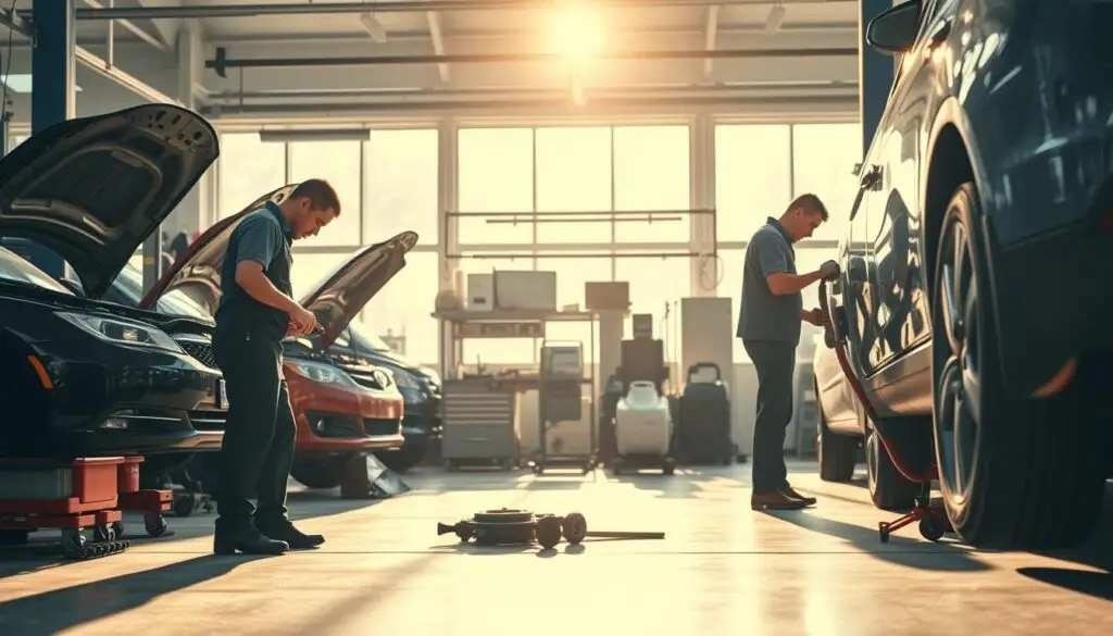 A busy auto repair workshop scene in the foreground, showcasing skilled mechanics in professional attire working on various vehicles. One mechanic is inspecting an engine, while another is repairing a tire. In the middle ground, a well-organized workspace with tools and equipment is visible, including diagnostic machines and parts. The background features a bright, spacious garage with large windows allowing natural light to flood in, creating an energetic and productive atmosphere. Soft shadows and warm lighting enhance the technical ambiance, conveying a sense of reliability and expertise. The setting should evoke a focus on quality and meticulous service, reflecting the theme of finding alternatives to cheap workshops. A busy auto repair workshop scene in the foreground, showcasing skilled mechanics in professional attire working on various vehicles. One mechanic is inspecting an engine, while another is repairing a tire. In the middle ground, a well-organized workspace with tools and equipment is visible, including diagnostic machines and parts. The background features a bright, spacious garage with large windows allowing natural light to flood in, creating an energetic and productive atmosphere. Soft shadows and warm lighting enhance the technical ambiance, conveying a sense of reliability and expertise. The setting should evoke a focus on quality and meticulous service, reflecting the theme of finding alternatives to cheap workshops.