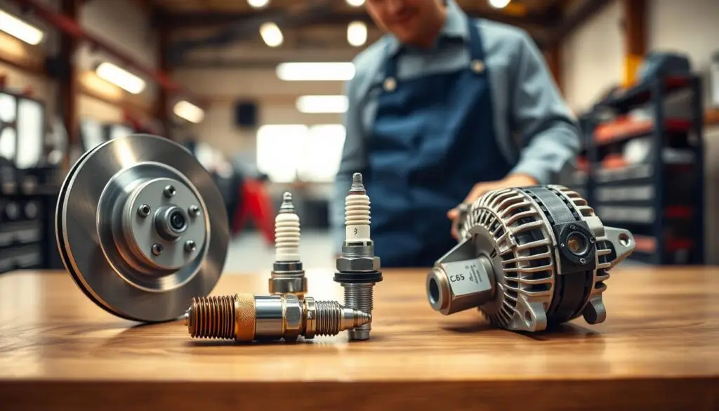 A close-up view of original car parts displayed on a polished wooden surface, featuring a high-quality brake disc, a spark plug, and an alternator. In the foreground, a mechanic wearing a blue jumpsuit is examining the parts carefully, with focused expressions highlighting their expertise. The middle ground showcases a blurred automotive workshop with tools and equipment in the background, suggesting a professional environment. Soft, warm lighting illuminates the scene, creating a welcoming atmosphere while casting gentle shadows for depth. The camera angle is slightly elevated, providing a comprehensive view of the parts and the mechanic, emphasizing the theme of originality versus alternatives in automotive technology.