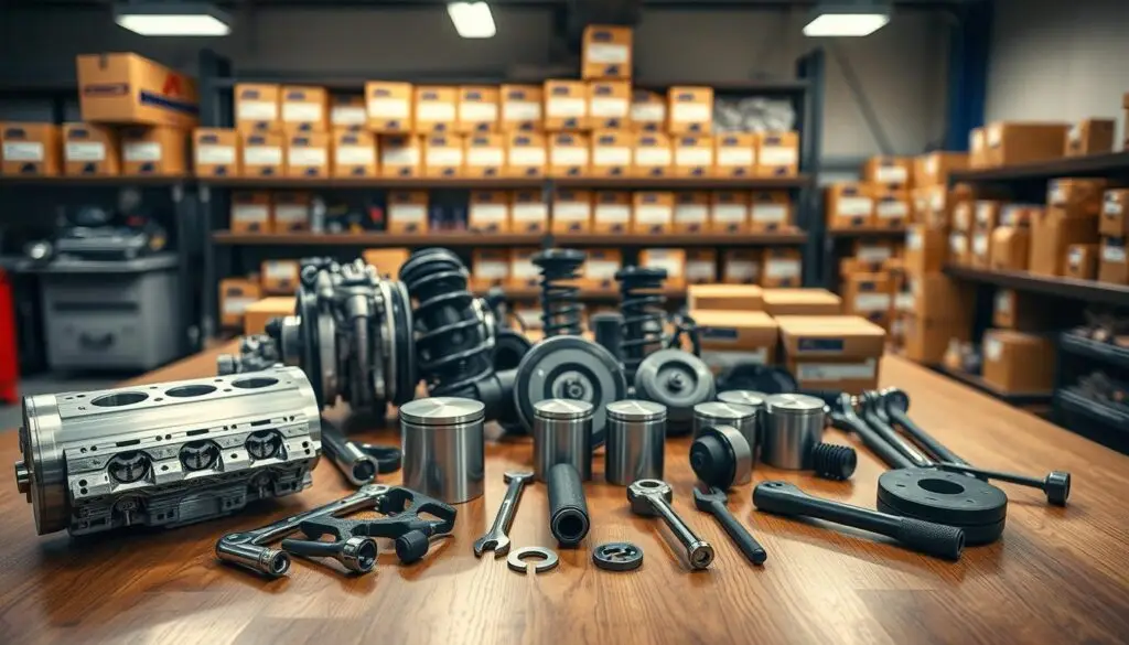 A detailed collection of high-quality car parts from a reputable manufacturer displayed on a polished wooden workshop table. Foreground features finely crafted engine components, like a cylinder head and pistons, alongside brake pads and suspension parts. In the middle ground, tools such as wrenches and screwdrivers are neatly organized, hinting at meticulous craftsmanship. The background showcases an illuminated workshop with shelves filled with neatly labeled boxes of original parts, highlighting advanced technology in automotive engineering. Soft, warm lighting enhances the textures of the metal and wood surfaces, creating an inviting and professional atmosphere. The angle of the shot is slightly overhead, emphasizing the organized layout and quality of the parts, evoking a sense of trust and reliability in original components.
