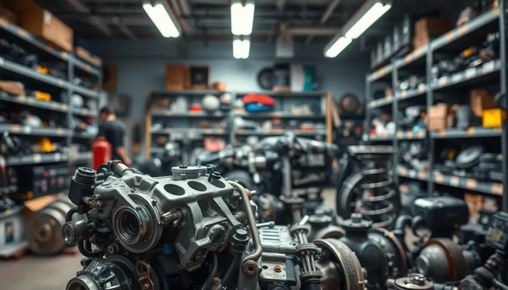 A detailed composition of critical car parts displayed in a well-lit, organized workshop environment. In the foreground, focus on an intricate engine component, showcasing its metallic finish and precise engineering, gleaming under bright overhead lights. The midground features various essential parts like brake systems, suspension components, and electrical units, each marked by their distinct shapes and textures. In the background, blurred shelves filled with tools and spare parts create depth, emphasizing the technical atmosphere of the space. The overall mood is serious and professional, highlighting the importance of genuine parts in vehicle safety and performance. The image is shot from a slightly above angle, enhancing the visual complexity and inviting viewers to appreciate the craftsmanship involved in automotive engineering.