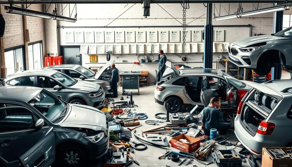 A detailed image depicting various examples of vehicle repair standard violations, showcasing a cluttered auto repair shop in the foreground, where mechanics are working on multiple vehicles. The shop features misaligned body panels, incorrect paint jobs, and improperly installed parts, emphasizing lack of adherence to industry standards. In the middle ground, tools and equipment are scattered haphazardly, enhancing the chaotic atmosphere. In the background, a wall of inspection certificates hangs, subtly hinting at the importance of standards. The lighting is bright and somewhat harsh, casting shadows that highlight imperfections. The scene conveys a mood of concern and urgency, illustrating the consequences of neglecting repair standards. No text or branding should be present. A detailed image depicting various examples of vehicle repair standard violations, showcasing a cluttered auto repair shop in the foreground, where mechanics are working on multiple vehicles. The shop features misaligned body panels, incorrect paint jobs, and improperly installed parts, emphasizing lack of adherence to industry standards. In the middle ground, tools and equipment are scattered haphazardly, enhancing the chaotic atmosphere. In the background, a wall of inspection certificates hangs, subtly hinting at the importance of standards. The lighting is bright and somewhat harsh, casting shadows that highlight imperfections. The scene conveys a mood of concern and urgency, illustrating the consequences of neglecting repair standards. No text or branding should be present.