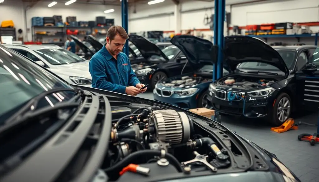 A detailed mechanic's workshop scene focused on vehicle repair. In the foreground, a skilled mechanic in a blue jumpsuit is using specialized tools to fix a car engine, showcasing intricate parts like the alternator and wires. The middle ground features a variety of vehicles, like sedans and SUVs, with visible components being replaced. Tools and equipment, such as wrenches and hydraulic lifts, are neatly arranged around the workshop. The background is a well-lit garage with organized shelves of spare parts and diagnostic equipment, creating an atmosphere of professionalism and precision. Soft, diffused lighting enhances the clarity of the scene, while a warm color palette adds a welcoming feel, emphasizing the importance of quality workmanship in vehicle repairs. A detailed mechanic's workshop scene focused on vehicle repair. In the foreground, a skilled mechanic in a blue jumpsuit is using specialized tools to fix a car engine, showcasing intricate parts like the alternator and wires. The middle ground features a variety of vehicles, like sedans and SUVs, with visible components being replaced. Tools and equipment, such as wrenches and hydraulic lifts, are neatly arranged around the workshop. The background is a well-lit garage with organized shelves of spare parts and diagnostic equipment, creating an atmosphere of professionalism and precision. Soft, diffused lighting enhances the clarity of the scene, while a warm color palette adds a welcoming feel, emphasizing the importance of quality workmanship in vehicle repairs.