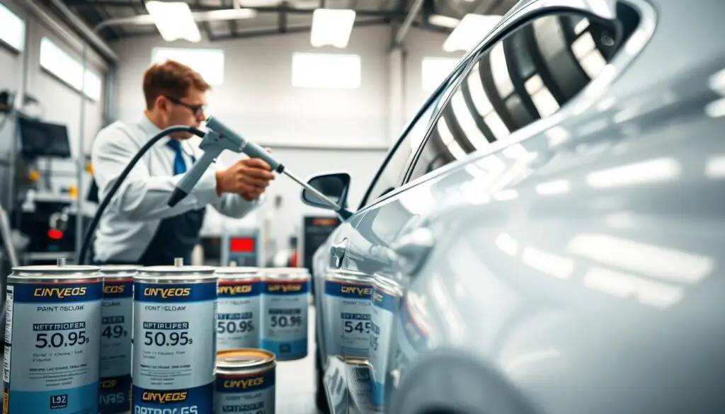 A detailed view of a car being painted in a professional auto body shop, focusing on the concept of painting costs influenced by location. In the foreground, a technician in professional attire is carefully applying a fresh coat of paint to the side of a sleek, modern car, using precision tools. The middle ground features various spray painting equipment and paint cans labeled with different prices, reflecting varying costs. The background showcases a well-lit workshop with large windows, allowing natural light to enhance the bright colors of the paint and the car's shiny surface. The atmosphere is industrious yet organized, emphasizing the importance of location and technology in automotive repairs. The angle is slightly elevated, providing depth to the scene while focusing on the painting process. A detailed view of a car being painted in a professional auto body shop, focusing on the concept of painting costs influenced by location. In the foreground, a technician in professional attire is carefully applying a fresh coat of paint to the side of a sleek, modern car, using precision tools. The middle ground features various spray painting equipment and paint cans labeled with different prices, reflecting varying costs. The background showcases a well-lit workshop with large windows, allowing natural light to enhance the bright colors of the paint and the car's shiny surface. The atmosphere is industrious yet organized, emphasizing the importance of location and technology in automotive repairs. The angle is slightly elevated, providing depth to the scene while focusing on the painting process.