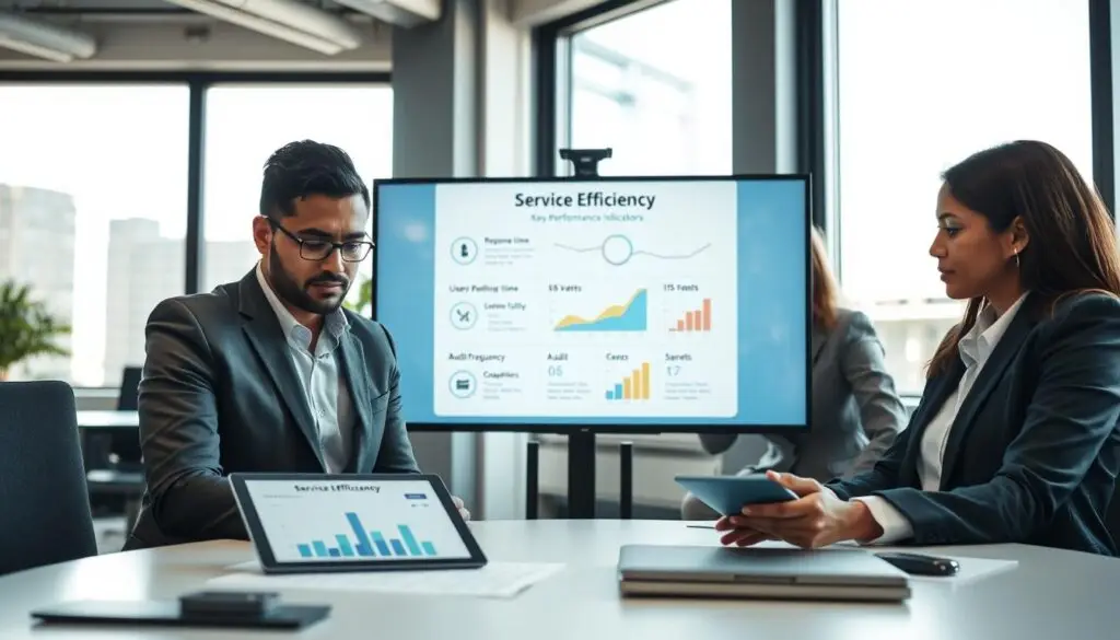 A focused view of a professional workspace showcasing a team analyzing key performance indicators related to service efficiency. In the foreground, a diverse group of three professionals in smart business attire engaged in discussion around a digital tablet displaying graphs and data. The middle layer features a large screen showing an infographic highlighting service efficiency metrics like response time, user satisfaction, and audit frequency. The background presents a bright, modern office environment with windows allowing natural light to filter in, creating an atmosphere of productivity and collaboration. The overall mood is serious yet optimistic, emphasizing the importance of regular service for performance evaluation. The image should be shot from a slightly elevated angle to capture the dynamics of the team’s interaction.