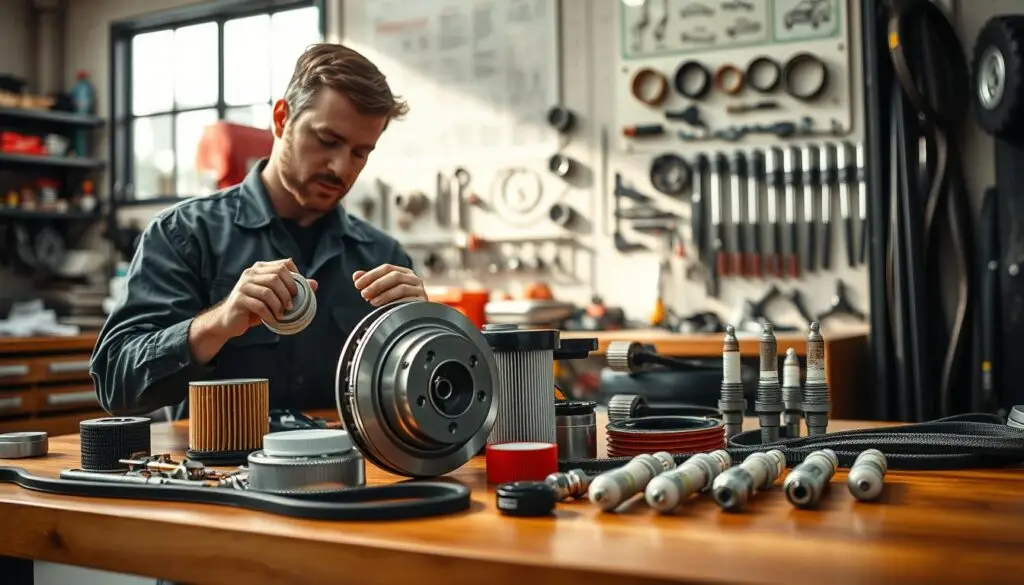 A high-quality image depicting a collection of original auto parts in a well-organized workshop setting. In the foreground, showcase a mechanic in professional attire, inspecting a shiny new brake component with a focused expression. The middle layer features neatly arranged parts, including filters, belts, and spark plugs, displayed on a polished wooden workbench. In the background, the workshop is illuminated by soft, natural light coming from large windows, casting gentle shadows. A wall lined with various tools and automotive diagrams creates an atmosphere of professionalism and expertise. The overall mood is one of precision and care, emphasizing the importance of using original parts for vehicle maintenance. Capture the scene with a slight depth of field to highlight the foreground details while softly blurring the background. A high-quality image depicting a collection of original auto parts in a well-organized workshop setting. In the foreground, showcase a mechanic in professional attire, inspecting a shiny new brake component with a focused expression. The middle layer features neatly arranged parts, including filters, belts, and spark plugs, displayed on a polished wooden workbench. In the background, the workshop is illuminated by soft, natural light coming from large windows, casting gentle shadows. A wall lined with various tools and automotive diagrams creates an atmosphere of professionalism and expertise. The overall mood is one of precision and care, emphasizing the importance of using original parts for vehicle maintenance. Capture the scene with a slight depth of field to highlight the foreground details while softly blurring the background.