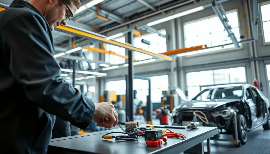 A modern automotive workshop bustling with activity, showcasing consumer protection in action. In the foreground, a technician in professional attire carefully examines a sophisticated vehicle sensor on a workbench. The middle ground features advanced diagnostic equipment, colorful tools neatly arranged, and a partially disassembled car, highlighting attention to safety standards. In the background, large windows allow natural light to flood the space, creating a bright and inviting atmosphere. The environment is clean and organized, projecting professionalism and trust. Emphasize the use of vibrant colors to contrast the metal textures of the workshop, and capture the scene from a slightly low angle to give it a dynamic perspective. The overall mood should be focused and empowering, illustrating the importance of public opinion on safety standards in automotive technology. A modern automotive workshop bustling with activity, showcasing consumer protection in action. In the foreground, a technician in professional attire carefully examines a sophisticated vehicle sensor on a workbench. The middle ground features advanced diagnostic equipment, colorful tools neatly arranged, and a partially disassembled car, highlighting attention to safety standards. In the background, large windows allow natural light to flood the space, creating a bright and inviting atmosphere. The environment is clean and organized, projecting professionalism and trust. Emphasize the use of vibrant colors to contrast the metal textures of the workshop, and capture the scene from a slightly low angle to give it a dynamic perspective. The overall mood should be focused and empowering, illustrating the importance of public opinion on safety standards in automotive technology.