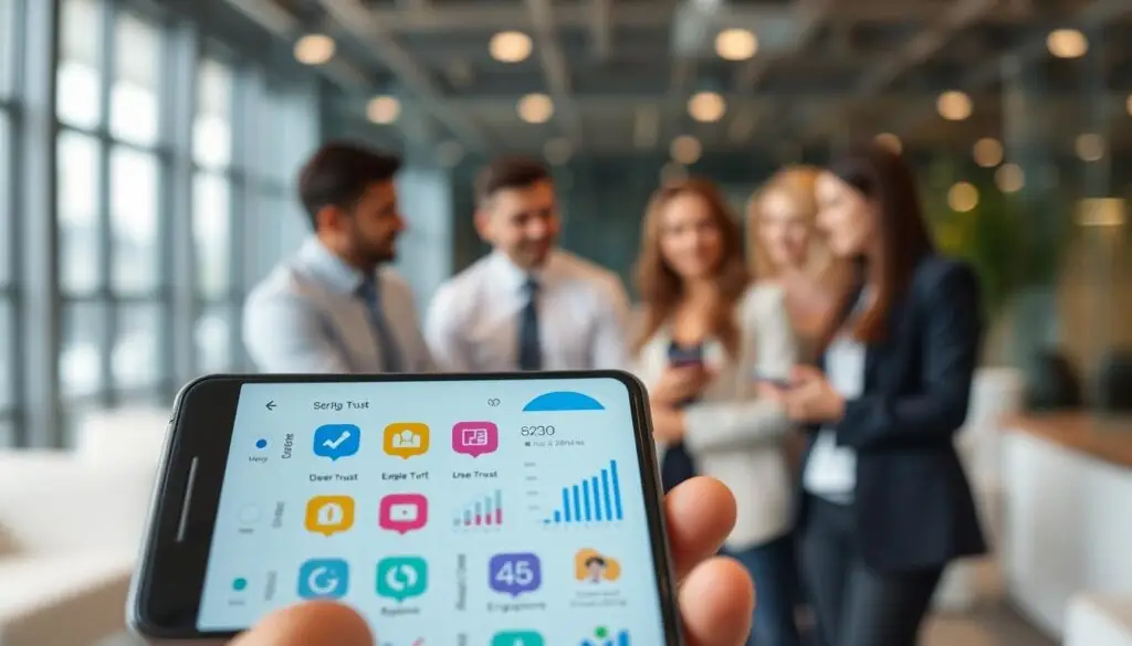 A modern mobile application interface displayed on a smartphone, showcasing various metrics and graphs reflecting user trust and engagement in the foreground. In the middle, a blurred group of diverse professionals in business attire discussing data analytics, emphasizing collaboration and insight. The background features a sleek office environment with soft, ambient lighting to create a warm and inviting atmosphere. A clear focus on the smartphone screen, capturing vibrant colors of app icons and performance metrics, with a subtle depth of field effect to draw attention. The mood should convey professionalism and innovation, highlighting the importance of customer trust in app optimization strategies.