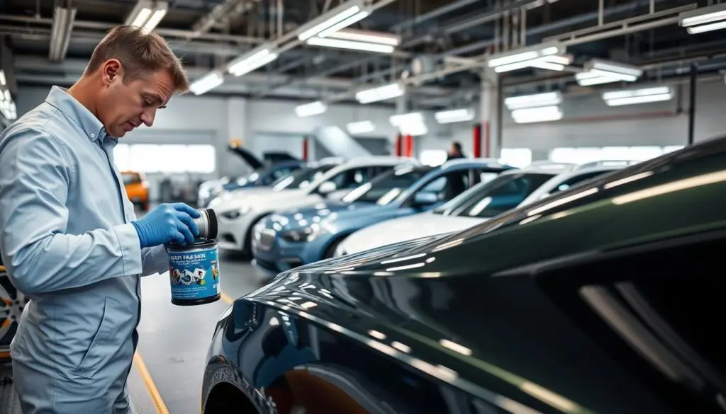 A professional automotive repair shop setting focused on car body repair and painting technology. In the foreground, a technician in a clean, professional uniform is carefully mixing paint in a high-tech workstation with various tools and equipment for auto refinishing. The middle ground features several cars with different stages of repair, showcasing detailed workstations with paint guns, polishing equipment, and a variety of colors. The background displays a well-organized workspace with anti-static lighting that highlights the sleek surfaces of the vehicles, creating a polished and high-tech atmosphere. Soft lighting enhances the professionalism of the scene, with reflections creating a dynamic visual appeal. The mood is focused and industrious, conveying the intricate relationship between repair technology and the refinishing process. A professional automotive repair shop setting focused on car body repair and painting technology. In the foreground, a technician in a clean, professional uniform is carefully mixing paint in a high-tech workstation with various tools and equipment for auto refinishing. The middle ground features several cars with different stages of repair, showcasing detailed workstations with paint guns, polishing equipment, and a variety of colors. The background displays a well-organized workspace with anti-static lighting that highlights the sleek surfaces of the vehicles, creating a polished and high-tech atmosphere. Soft lighting enhances the professionalism of the scene, with reflections creating a dynamic visual appeal. The mood is focused and industrious, conveying the intricate relationship between repair technology and the refinishing process.