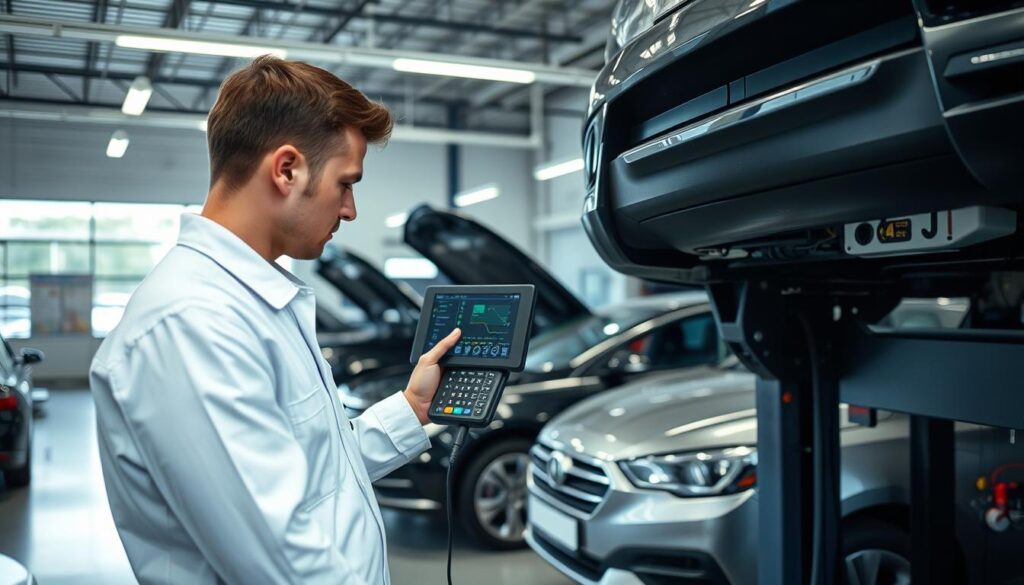 A professional automotive repair workshop with a focus on safety and compliance, featuring a well-lit, spacious interior. In the foreground, a skilled technician in a clean, professional uniform examines an advanced vehicle diagnostic system on a car lift. The middle ground showcases cars in various stages of repair, surrounded by modern tools and equipment, highlighting the importance of technology and calibration in vehicle safety. The background includes posters related to vehicle safety regulations, creating an informative atmosphere. Soft, natural lighting filters through large windows, giving the scene a bright and inviting feel. The overall mood conveys professionalism and diligence, emphasizing that vehicle safety is integral to repair work. A professional automotive repair workshop with a focus on safety and compliance, featuring a well-lit, spacious interior. In the foreground, a skilled technician in a clean, professional uniform examines an advanced vehicle diagnostic system on a car lift. The middle ground showcases cars in various stages of repair, surrounded by modern tools and equipment, highlighting the importance of technology and calibration in vehicle safety. The background includes posters related to vehicle safety regulations, creating an informative atmosphere. Soft, natural lighting filters through large windows, giving the scene a bright and inviting feel. The overall mood conveys professionalism and diligence, emphasizing that vehicle safety is integral to repair work.