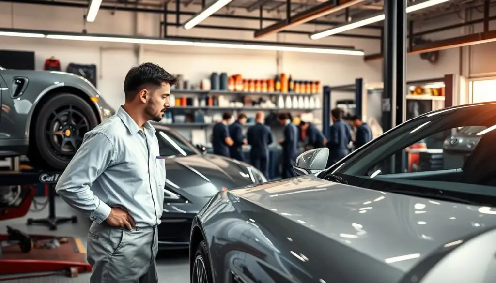 A professional car service environment featuring a well-lit workshop with modern automotive tools and equipment. In the foreground, a mechanic in a clean uniform is inspecting a sleek, high-value vehicle on a lift, showcasing attention to detail and care. In the middle, there are various service stations, with mechanics working collaboratively, emphasizing teamwork and expertise. The background contains shelves filled with automotive parts and oils, all organized and tidy, creating a sense of professionalism. The lighting is bright and warm, casting soft shadows that enhance the polished surfaces of the vehicles. The mood exudes trust and efficiency, reflecting customer satisfaction and the importance of quality service for valuable vehicles. A professional car service environment featuring a well-lit workshop with modern automotive tools and equipment. In the foreground, a mechanic in a clean uniform is inspecting a sleek, high-value vehicle on a lift, showcasing attention to detail and care. In the middle, there are various service stations, with mechanics working collaboratively, emphasizing teamwork and expertise. The background contains shelves filled with automotive parts and oils, all organized and tidy, creating a sense of professionalism. The lighting is bright and warm, casting soft shadows that enhance the polished surfaces of the vehicles. The mood exudes trust and efficiency, reflecting customer satisfaction and the importance of quality service for valuable vehicles.