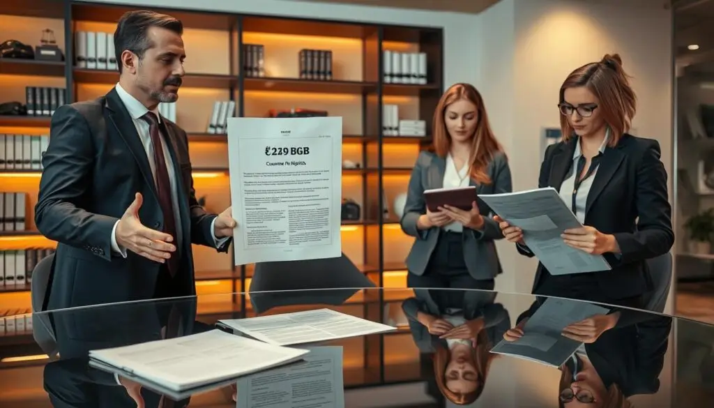 A professional, modern office setting featuring a diverse group of three individuals engaged in a discussion about consumer rights related to vehicle repairs. In the foreground, a man in a tailored suit gestures emphatically, highlighting a document titled "§ 249 BGB" on a sleek glass table. To the right, a woman in a smart blazer takes notes on a tablet, while another person, dressed in business casual attire, evaluates a vehicle repair contract. The background shows shelves filled with legal books and car manuals, with warm, ambient lighting illuminating the scene, creating a conducive atmosphere for serious dialogue. The overall mood is collaborative and focused, emphasizing the importance of legal understanding in automotive repair discussions. A professional, modern office setting featuring a diverse group of three individuals engaged in a discussion about consumer rights related to vehicle repairs. In the foreground, a man in a tailored suit gestures emphatically, highlighting a document titled "§ 249 BGB" on a sleek glass table. To the right, a woman in a smart blazer takes notes on a tablet, while another person, dressed in business casual attire, evaluates a vehicle repair contract. The background shows shelves filled with legal books and car manuals, with warm, ambient lighting illuminating the scene, creating a conducive atmosphere for serious dialogue. The overall mood is collaborative and focused, emphasizing the importance of legal understanding in automotive repair discussions.