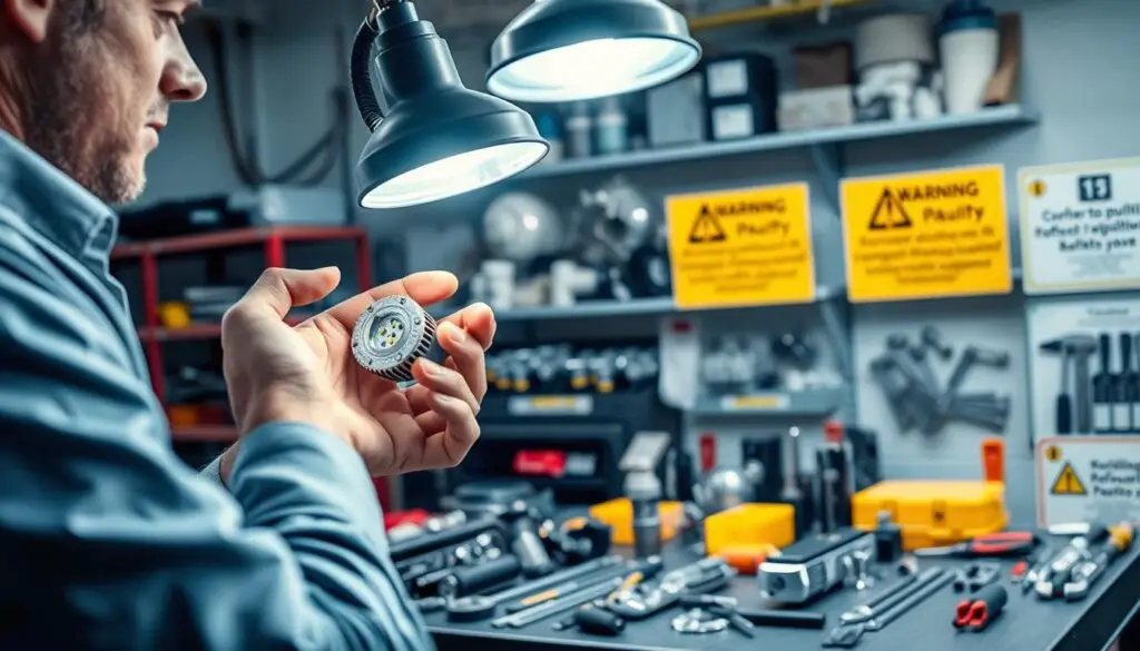 A professional workshop setting focused on repair work with a vivid emphasis on the use of replacement parts. In the foreground, a close-up of a skilled technician in a professional shirt, examining a substandard replacement component under a bright LED work lamp, highlighting its defects. In the middle ground, various tools and standard parts are organized neatly on a workbench, symbolizing quality and precision. The background features shelves filled with high-quality parts alongside warning signs about the risks of using inappropriate replacements, creating a sense of caution. The lighting is bright and focused, enhancing the details of the products while casting soft shadows to add depth. The mood reflects professionalism and alertness, underscoring the critical importance of safety and compliance in repair work. A professional workshop setting focused on repair work with a vivid emphasis on the use of replacement parts. In the foreground, a close-up of a skilled technician in a professional shirt, examining a substandard replacement component under a bright LED work lamp, highlighting its defects. In the middle ground, various tools and standard parts are organized neatly on a workbench, symbolizing quality and precision. The background features shelves filled with high-quality parts alongside warning signs about the risks of using inappropriate replacements, creating a sense of caution. The lighting is bright and focused, enhancing the details of the products while casting soft shadows to add depth. The mood reflects professionalism and alertness, underscoring the critical importance of safety and compliance in repair work.