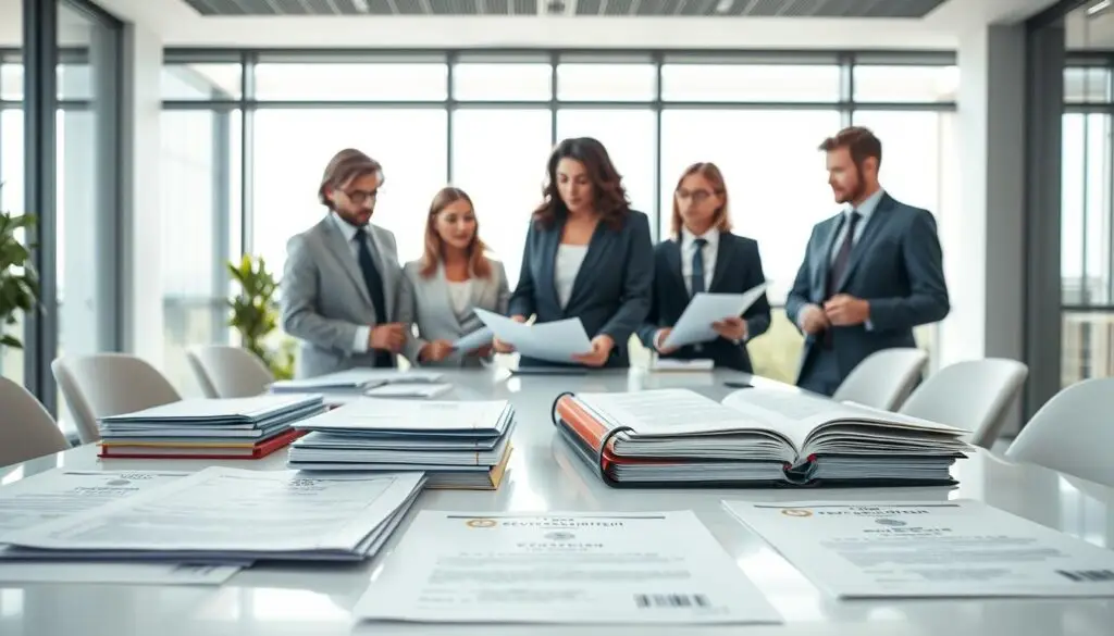 A professional workspace featuring a range of high-quality legal and technical documents, including various types of legal substitutes (zamienniki) prominently displayed on a sleek conference table. Foreground elements include neatly arranged files and certification papers, ensuring clarity and compliance. In the middle, a diverse group of business professionals in smart attire consult over the documents, engaged in discussion, conveying a sense of collaboration and expertise. The background features a modern office with large windows allowing natural light to flood in, highlighting the vibrant atmosphere of innovation and safety standards. Soft shadows enhance the professional ambiance, while a subtle color palette maintains focus on the documents that symbolize quality, safety, and technical compliance. A professional workspace featuring a range of high-quality legal and technical documents, including various types of legal substitutes (zamienniki) prominently displayed on a sleek conference table. Foreground elements include neatly arranged files and certification papers, ensuring clarity and compliance. In the middle, a diverse group of business professionals in smart attire consult over the documents, engaged in discussion, conveying a sense of collaboration and expertise. The background features a modern office with large windows allowing natural light to flood in, highlighting the vibrant atmosphere of innovation and safety standards. Soft shadows enhance the professional ambiance, while a subtle color palette maintains focus on the documents that symbolize quality, safety, and technical compliance.