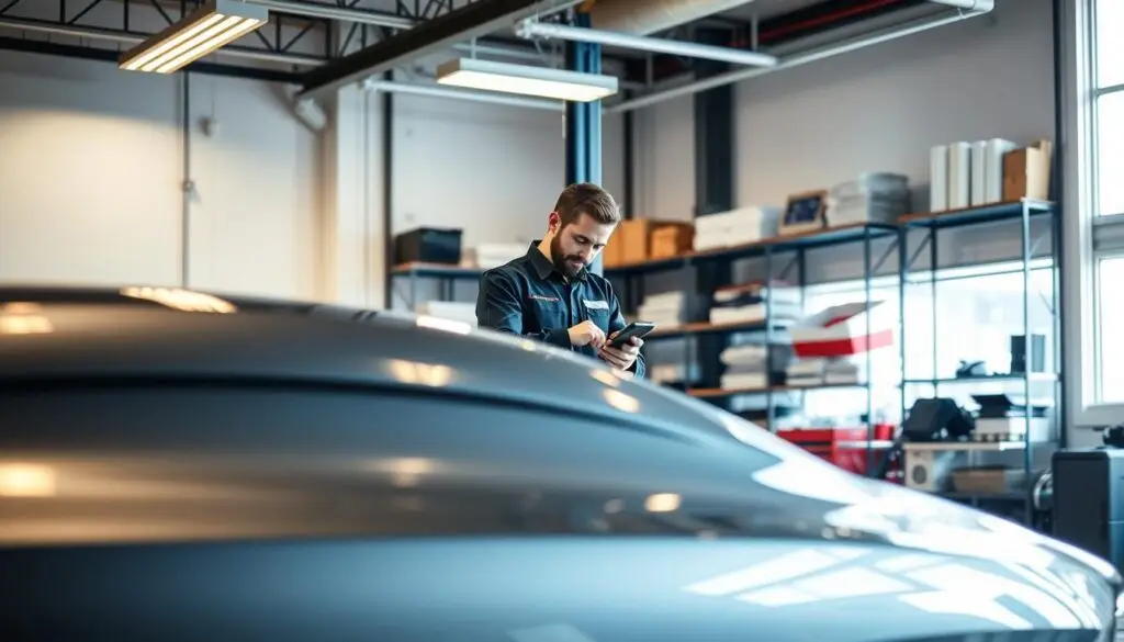A sleek, modern passenger vehicle in a well-lit automotive workshop, showcasing its gleaming exterior. The foreground features the vehicle prominently, with smooth curves and a polished finish reflecting the overhead lights. In the middle ground, a mechanic dressed in professional attire is conducting a thorough inspection, utilizing advanced diagnostic tools. The background illustrates shelves filled with car maintenance equipment and service manuals, creating an atmosphere of diligence and care. Natural daylight filters in through a large window, adding warmth to the space, while the soft hum of machinery enhances the focused mood. The composition emphasizes the importance of regular vehicle maintenance and the professional environment of a service center.