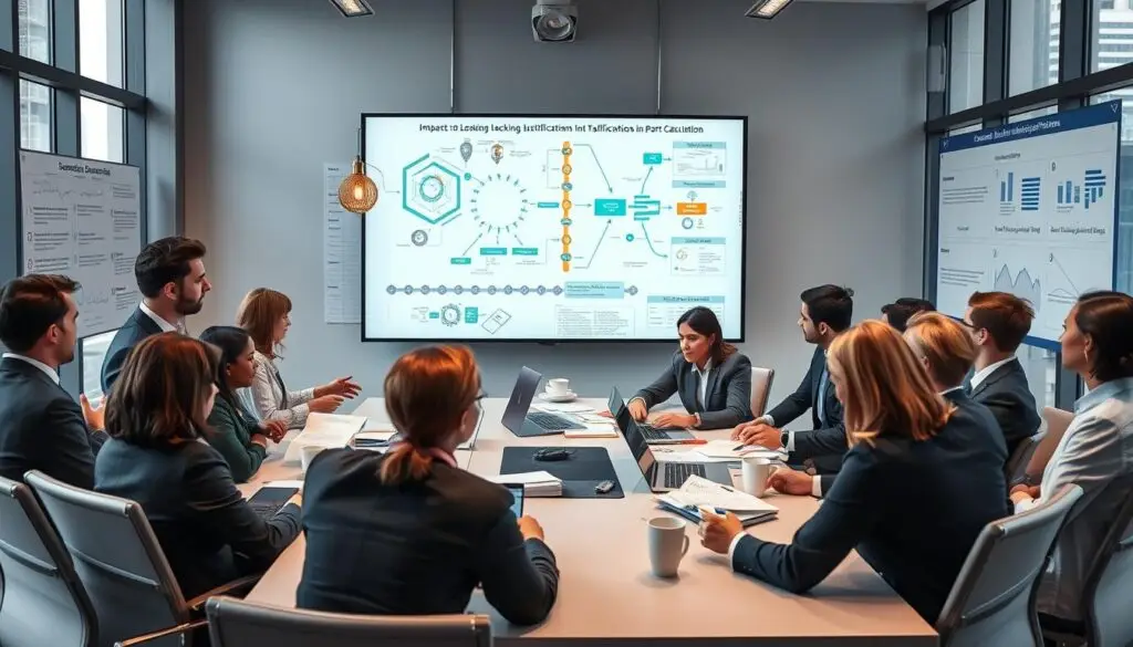 A technical meeting room featuring a large screen displaying complex technical diagrams and flowcharts representing the impacts of lacking technical justifications in parts calculation. In the foreground, a diverse group of professionals in business attire engage in a discussion, analyzing documents and pointing at the diagrams. They are surrounded by a sleek conference table cluttered with laptops, notes, and coffee cups. The middle ground shows charts on the walls that illustrate consequences like inefficiencies and decision-making errors. The background reveals large windows letting in soft, natural light, with cityscape views. The mood is serious and contemplative, emphasizing the importance of sound technical foundations in decision-making processes. The image should be well-lit and sharply focused, capturing the intensity of the discussion. A technical meeting room featuring a large screen displaying complex technical diagrams and flowcharts representing the impacts of lacking technical justifications in parts calculation. In the foreground, a diverse group of professionals in business attire engage in a discussion, analyzing documents and pointing at the diagrams. They are surrounded by a sleek conference table cluttered with laptops, notes, and coffee cups. The middle ground shows charts on the walls that illustrate consequences like inefficiencies and decision-making errors. The background reveals large windows letting in soft, natural light, with cityscape views. The mood is serious and contemplative, emphasizing the importance of sound technical foundations in decision-making processes. The image should be well-lit and sharply focused, capturing the intensity of the discussion.