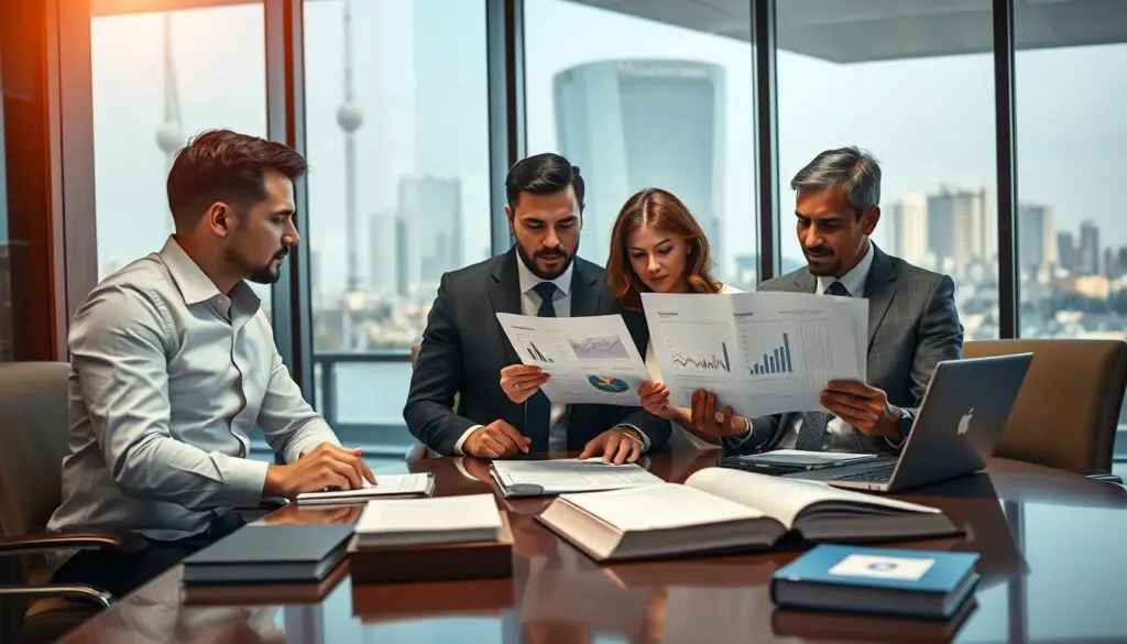A well-dressed professional group engaged in a serious discussion over legal documents and a laptop in a modern office environment. In the foreground, a diverse group of three individuals—two men and one woman—analyzing a stack of legal papers and a digital tablet filled with regulatory graphs. The middle ground features an elegant conference table with legal books, notepads, and a large window allowing soft, natural light to illuminate the scene. In the background, cityscape views convey a sense of authority and progress. The atmosphere is focused and intense, highlighting the weight of regulatory changes and their implications. Use warm yet professional lighting to create an inviting yet serious setting, shot from a slightly elevated perspective to capture the dynamics of the group. A well-dressed professional group engaged in a serious discussion over legal documents and a laptop in a modern office environment. In the foreground, a diverse group of three individuals—two men and one woman—analyzing a stack of legal papers and a digital tablet filled with regulatory graphs. The middle ground features an elegant conference table with legal books, notepads, and a large window allowing soft, natural light to illuminate the scene. In the background, cityscape views convey a sense of authority and progress. The atmosphere is focused and intense, highlighting the weight of regulatory changes and their implications. Use warm yet professional lighting to create an inviting yet serious setting, shot from a slightly elevated perspective to capture the dynamics of the group.