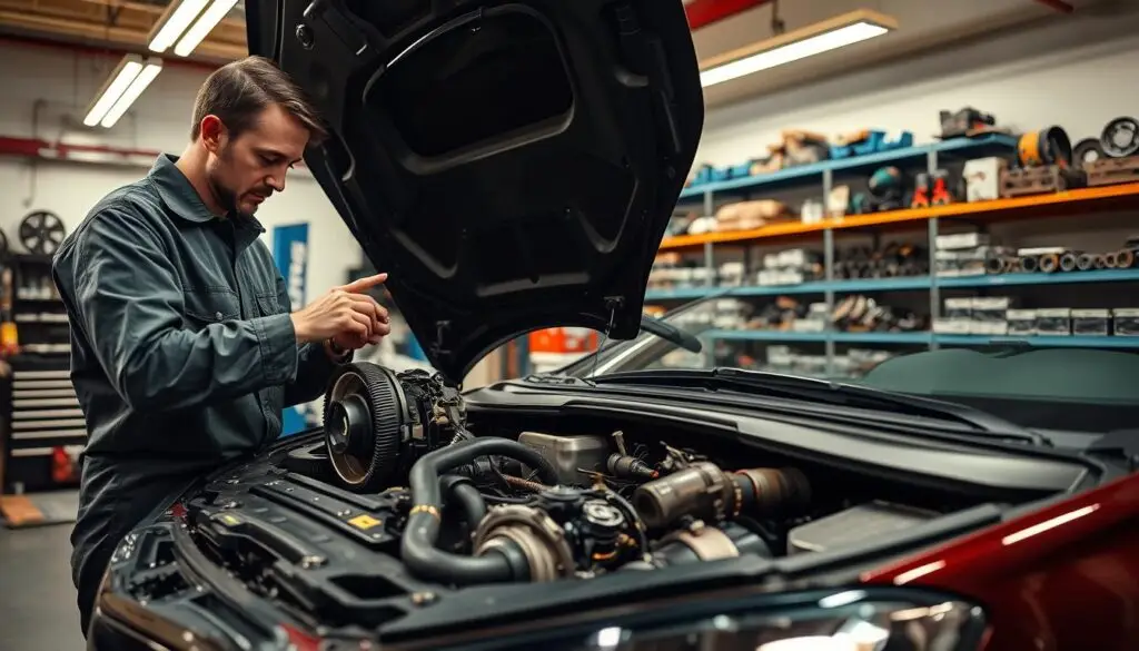 A well-lit automotive workshop showcasing the process of part replacement on a vehicle. In the foreground, a mechanic in professional attire examines an engine component, surrounded by various tools and replacement parts, depicted in vivid detail. The middle ground features an open car hood, revealing intricate machinery and worn-out parts that need replacement, with a focus on mechanical precision. In the background, shelves lined with organized new parts and tools emphasize the theme of maintenance and technology. The atmosphere conveys professionalism and diligence, with warm lighting highlighting the mechanics at work. The shot should be captured at eye level to create a relatable perspective, ensuring a clear focus on the vehicle’s condition and the appropriate parts selection. A well-lit automotive workshop showcasing the process of part replacement on a vehicle. In the foreground, a mechanic in professional attire examines an engine component, surrounded by various tools and replacement parts, depicted in vivid detail. The middle ground features an open car hood, revealing intricate machinery and worn-out parts that need replacement, with a focus on mechanical precision. In the background, shelves lined with organized new parts and tools emphasize the theme of maintenance and technology. The atmosphere conveys professionalism and diligence, with warm lighting highlighting the mechanics at work. The shot should be captured at eye level to create a relatable perspective, ensuring a clear focus on the vehicle’s condition and the appropriate parts selection.