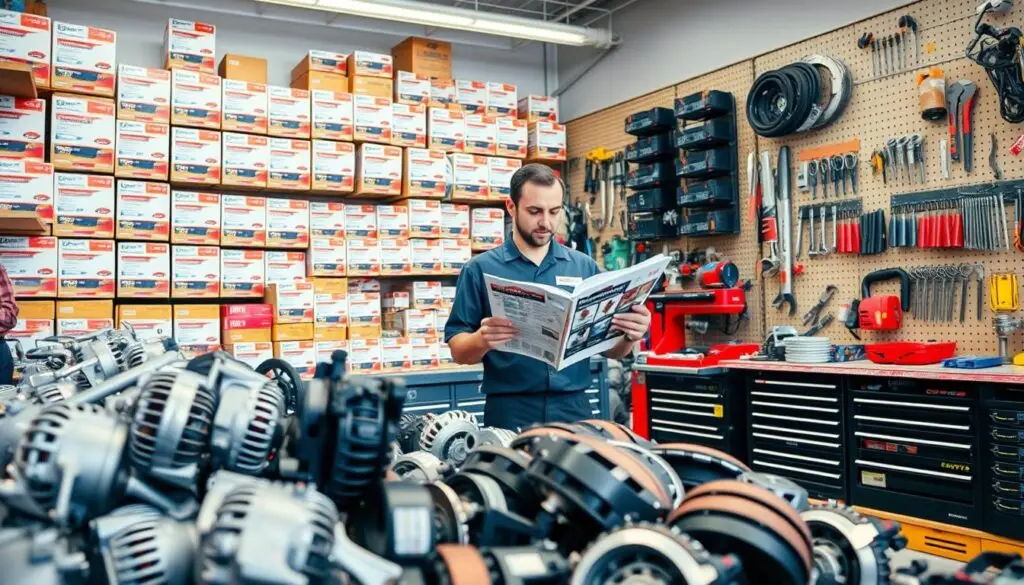 A well-organized automotive parts store interior filled with various car replacement parts. In the foreground, a display of shiny, new parts like alternators and brake pads neatly arranged on shelves. In the middle, a mechanic wearing a professional uniform examines a detailed catalog while standing next to a service counter that showcases assorted tools and equipment. The background features neatly organized racks filled with boxes labeled with part numbers and brands, along with wall-mounted pegboards displaying tools and accessories. The lighting is bright and professional, with a warm atmosphere that invites customers. The angle is slightly tilted to provide depth, capturing a sense of activity and expertise in the automotive industry.