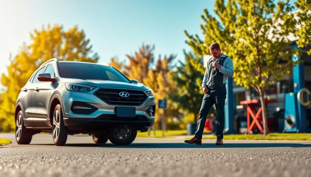 A young vehicle parked cautiously on a well-maintained road, surrounded by vibrant green trees and a clear blue sky. In the foreground, the vehicle is clean and modern, showcasing its sleek design and new features. The middle ground features an attentive mechanic in professional attire, examining the vehicle with a focused expression, highlighting the importance of care in vehicle maintenance. The background includes a soft blur of an auto repair shop, with various tools subtly visible, emphasizing the repair context. The lighting is warm and inviting, capturing a serene afternoon ambiance. The overall mood conveys the diligence necessary in caring for new vehicles, with a focus on their unique maintenance needs.